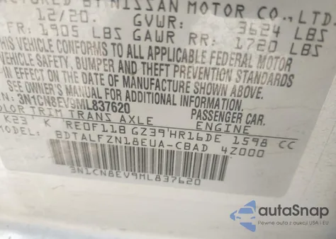2021 Nissan Versa Sv z USA, uszkodzony, nr VIN 3N1CN8EV9ML837620